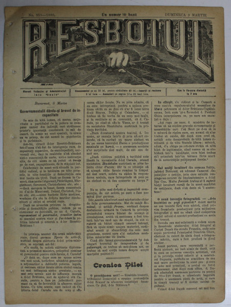 RESBOIUL  - ZIAR CU APARITIE ZILNICA , IN BUCURESTI , NR. 955   , DUMINICA , 9 MARTIE , 1880 , PREZINTA PETE