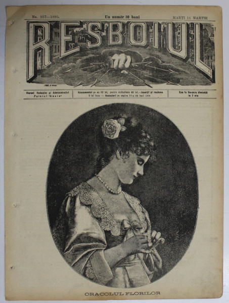 RESBOIUL  - ZIAR CU APARITIE ZILNICA , IN BUCURESTI , NR. 957   , MARTI  , 11 MARTIE , 1880 , PREZINTA PETE