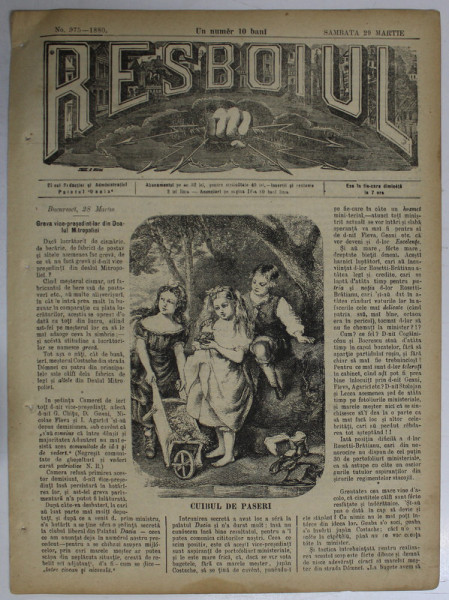 RESBOIUL  - ZIAR CU APARITIE ZILNICA , IN BUCURESTI , NR. 975   , SAMBATA , 29 MARTIE , 1880 , PREZINTA PETE