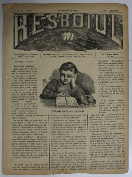 RESBOIUL  - ZIAR CU APARITIE ZILNICA , IN BUCURESTI , NR. 984   , LUNI , 7 APRILIE , 1880 , PREZINTA PETE
