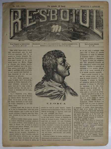 RESBOIUL  - ZIAR CU APARITIE ZILNICA , IN BUCURESTI , NR. 986   , MIERCURI , 9 APRILIE  , 1880 , PREZINTA PETE