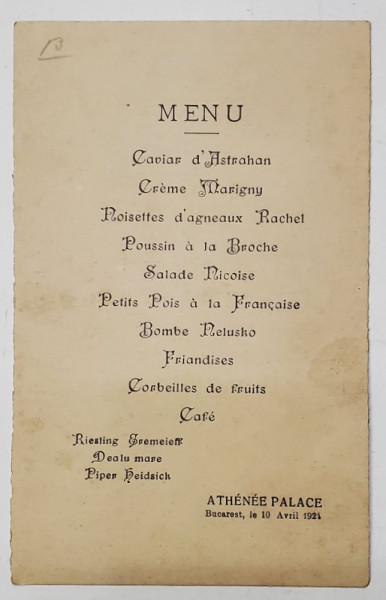 RESTAURANT ATHENEE PALACE , BUCURESTI ,  MENIUL ZILEI DE 10 APRILIE , 1924 , TEXT IN LB. FRANCEZA