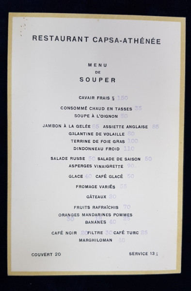 RESTAURANT CAPSA - ATHENEE , MENIU IN LIMBA FRANCEZA , PERIOADA INTERBELICA