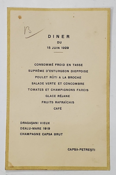 RESTAURANT CAPSA - PETRESTI , MENIUL ZILEI DE 15 IUNIE 1929