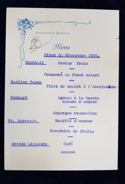 RESTAURANT CHATEAUBRIAND BOULEVARD , MENIU , 8 DECEMBRIE , 1930