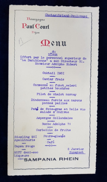 RESTAURANT CHATEAUBRIAND BOULEVARD , MENIUL  DINEUL SOCIETATII ' LA DANUBIENNE ' ,  6 IANUARIE 1931