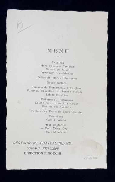 RESTAURANT CHATEAUBRIAND , SOSEAUA KISELEFF , MENIU , 7 IUNIE , 1930