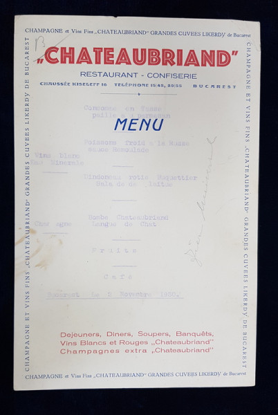 RESTAURANT - CONFISERIE  ' CHATEAUBRIAND ' , MENU , 2 NOIEMBREIE 1930