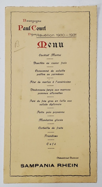 RESTAURANT PAUL COURT , DIJON , BOURGOGNE , MENIUL REVELIONULUI 1930 - 1931