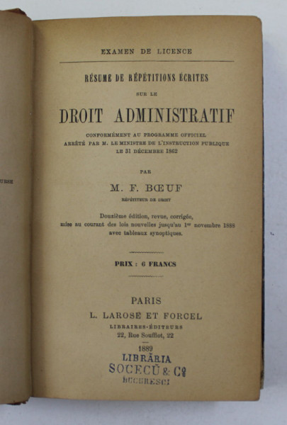 RESUME DE REPETITIONS ECRITES SUR LE DROIT ADMINISTRATIF par M.F. BOEUF , 1889