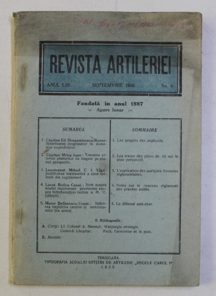 REVISTA ARTILERIEI, ANUL LIII , NO. 9 , SEPTEMVRIE  , 1939