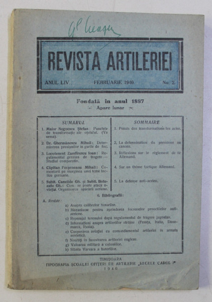 REVISTA ARTILERIEI, ANUL LIV  , NO. 2 , FEBRUARIE   , 1940