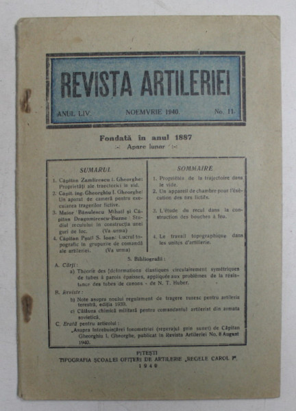 REVISTA ARTILERIEI  - ANUL LIV  - NO.11 , NOIEMBRIE , 1940