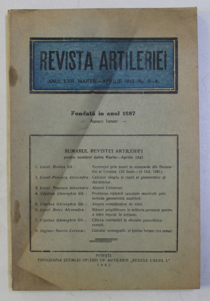 REVISTA ARTILERIEI, ANUL LVII , NO. 3 - 4  , MARTIE - APRILIE  , 1943