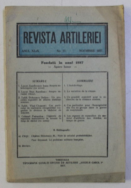 REVISTA ARTILERIEI, ANUL XLIX , NO. 11 , NOEMBRIE , 1937