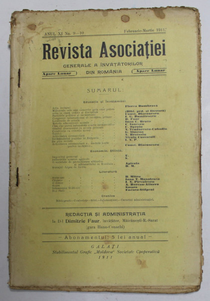 REVISTA ASOCIATIEI GENERALE A INVATATORILOR DIN ROMANIA , ANUL XI , NR. 9-10 , FEBRUARIE - MARTIE , 1911
