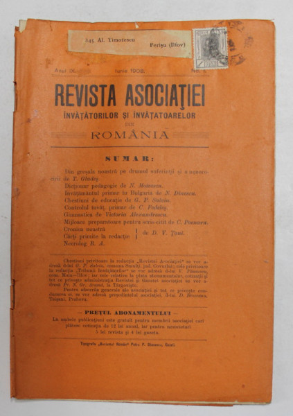 REVISTA ASOCIATIEI INVATATORILOR SI INVATATOARELOR DIN ROMANIA , ANUL IX    , NR.1 , IUNIE , 1908