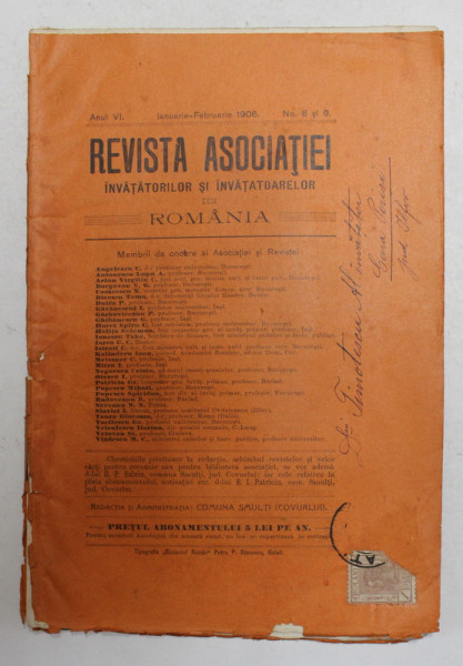 REVISTA ASOCIATIEI INVATATORILOR SI INVATATOARELOR DIN ROMANIA , ANUL VI , NR. 8 -9 , COLEGAT ,   IANUARIE - FEBRUARIE  , 1906