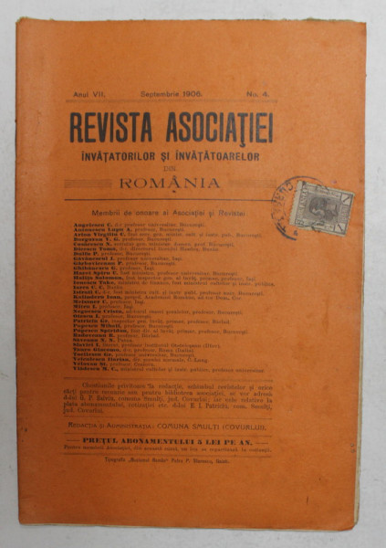 REVISTA ASOCIATIEI INVATATORILOR SI INVATATOARELOR DIN ROMANIA , ANUL VII , NR. 4 ,  SEPTEMBRIE , 1906
