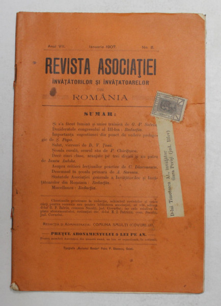 REVISTA ASOCIATIEI INVATATORILOR SI INVATATOARELOR DIN ROMANIA , ANUL VII   , NR.8 , IANUARIE , 1907
