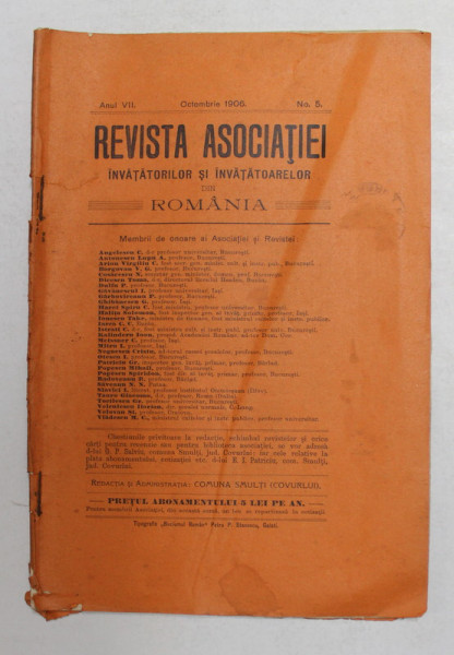 REVISTA ASOCIATIEI INVATATORILOR SI INVATATOARELOR DIN ROMANIA , ANUL VII , OCTOMBRIE 1906 , NR. 5