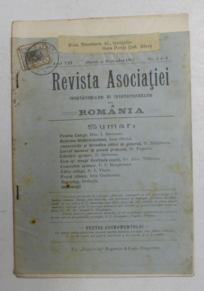 REVISTA ASOCIATIEI INVATATORILOR SI INVATATOARELOR DIN ROMANIA , ANUL VIII , NR. 3 si 4 , AUGUST SI SEPTEMMBRIE , 1907