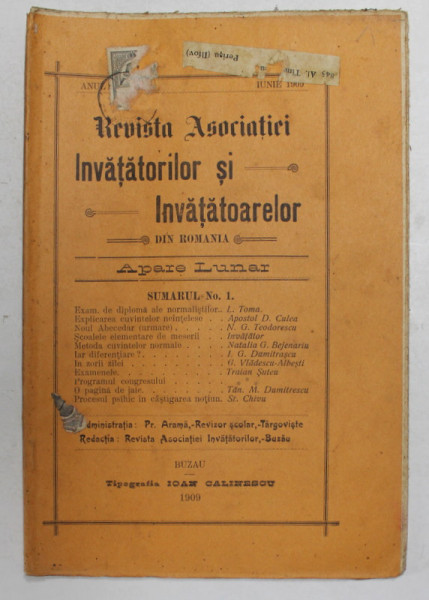 REVISTA ASOCIATIEI INVATATORILOR SI INVATATOARELOR DIN ROMANIA , ANUL X  , NR. 1 , IUNIE , 1909