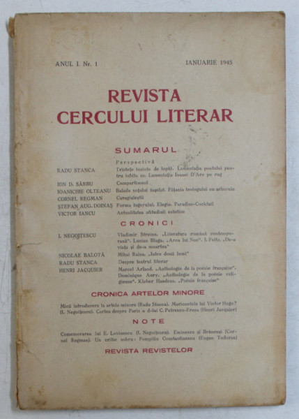 REVISTA CERCULUI LITERAR  - REVISTA LUNARA DE LITERATURA , FILOSOFIE SI ARTA , ANUL I , NR. I , IANUARIE , 1945