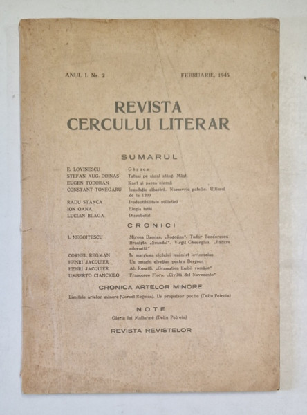 REVISTA CERCULUI LITERAR , SIBIU , ANUL I , NR. 2 , FEBRUARIE  1945