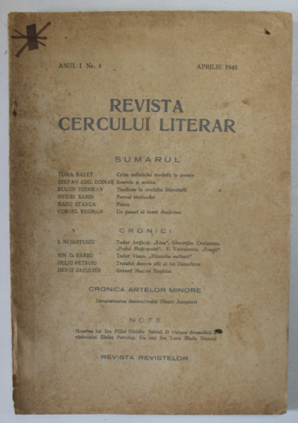 REVISTA CERCULUI LITERAR , SIBIU , ANUL I , NR. 4 , APRILIE 1945, VEZI DESCRIERE !