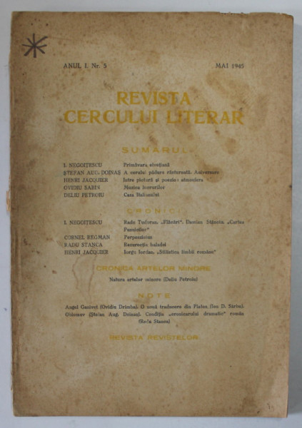 REVISTA CERCULUI LITERAR , SIBIU , ANUL I , NR. 5 , MAI ,  1945, VEZI DESCRIERE !