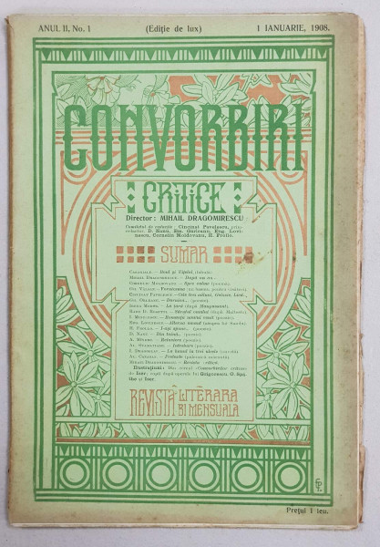 REVISTA 'CONVORBIRI CRITICE', ANUL II, 1 IANUARIE 1908, EDITIE DE LUX