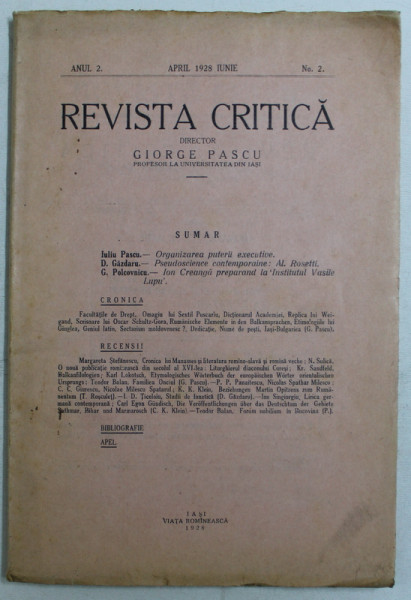 REVISTA CRITICA , ANUL 2 , NO. 2 , APRILIE - IUNIE 1928
