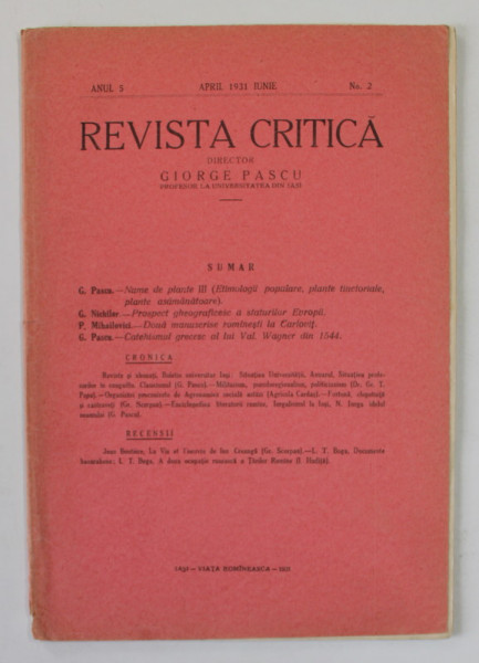 REVISTA CRITICA , ANUL 5 , NR. 2 , APRIL - IUNIE , 1931