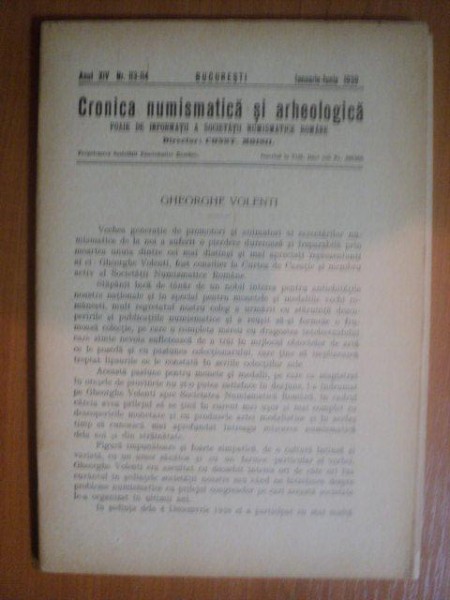 REVISTA CRONICA NUMISMATICA SI ARHEOLOGICA , ANUL XIV , NR. 113 - 114  , IANUARIE - IUNIE 1939 , Bucuresti 1939
