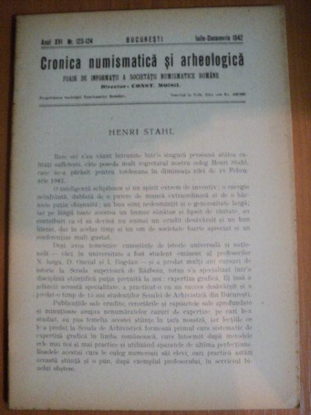 REVISTA CRONICA NUMISMATICA SI ARHEOLOGICA , ANUL XVI , NR. 123 - 124  ,  IULIE - DECEMVRIE  1942 , Bucuresti 1942