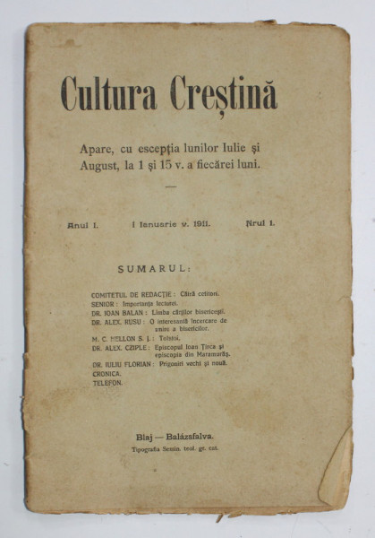 REVISTA '' CULTURA CRESTINA '' , ANUL I , NR. 1 , I IANUARIE 1911