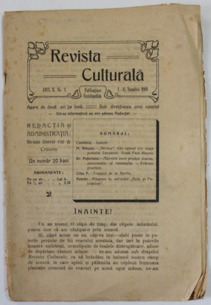 REVISTA CULTURALA , ANUL II , Nr. 1 , 1-15 NOIEMBRIE 1908