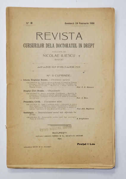 REVISTA CURSURILOR DELA DOCTORATUL IN DREPT , NR. 11 , DUMINICA 24 FEBRUARIE   , 1908