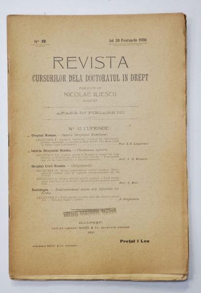 REVISTA CURSURILOR DELA DOCTORATUL IN DREPT , NR. 12 , JOI 28 FEBRUARIE   , 1908