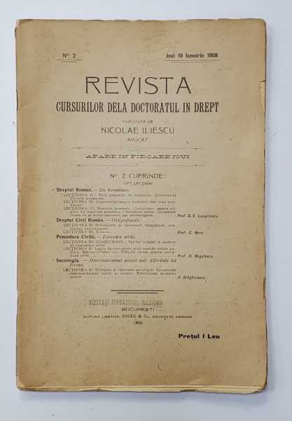 REVISTA CURSURILOR DELA DOCTORATUL IN DREPT , NR. 2 , JOI 10 IANUARIE  , 1908