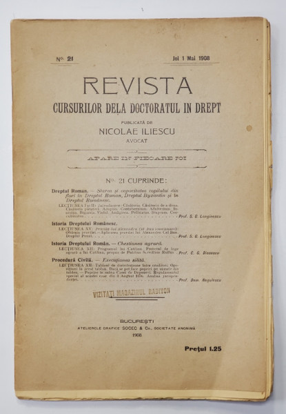REVISTA CURSURILOR DELA DOCTORATUL IN DREPT , NR. 21 , JOI 1 MAI   , 1908