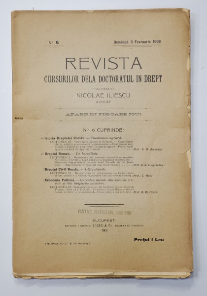 REVISTA CURSURILOR DELA DOCTORATUL IN DREPT , NR. 6 , DUMINICA 3 FEBRUARIE , 1908