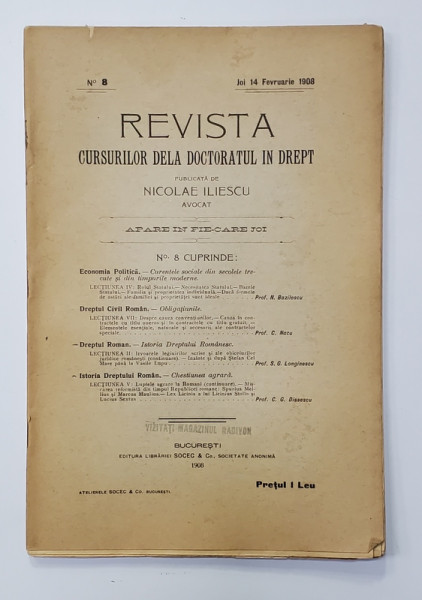 REVISTA CURSURILOR DELA DOCTORATUL IN DREPT , NR. 8 , JOI 14 FEBRUARIE   , 1908