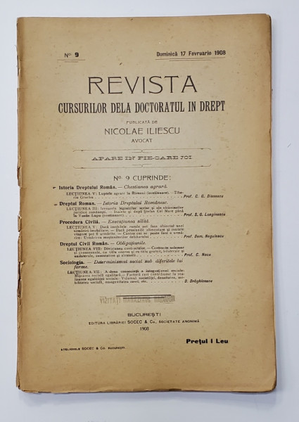 REVISTA CURSURILOR DELA DOCTORATUL IN DREPT , NR. 9 , DUMINICA 17 FEBRUARIE   , 1908