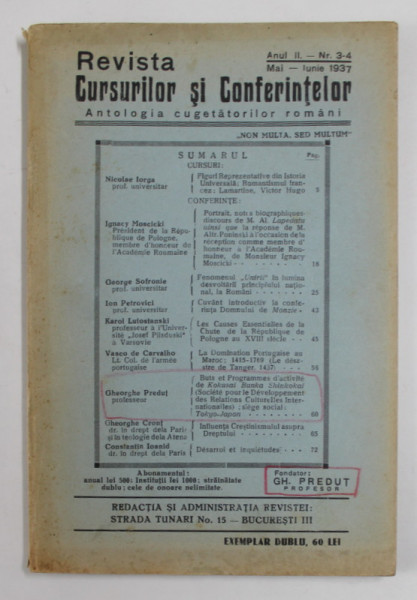 REVISTA CURSURILOR SI CONFERINTELOR - ANTOLOGIA CUGETATORILOR ROMANI , ANUL II,  NR. 3-4 , MAI - IUNIE , 1937