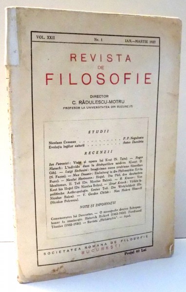 REVISTA DE FILOSOFIE de C. RADULESCU-MOTRU , VOL XXII , IAN-MARTIE 1937