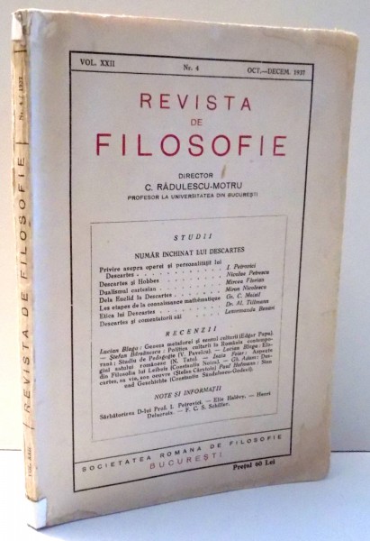 REVISTA DE FILOSOFIE de C. RADULESCU-MOTRU, VOL XXII , OCT-DECEM 1937