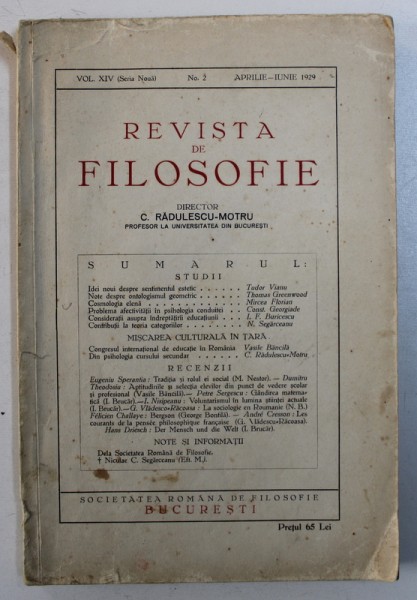 REVISTA DE FILOSOFIE - VOL. XIV ( SERIE NOUA ) , NR . 2 , APRILIE - IUNIE  , 1929