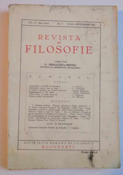 REVISTA DE FILOSOFIE , VOL. XV NR. 3 , IULIE - SEPTEMBRIE 1930 de C. RADULSECU MOTRU